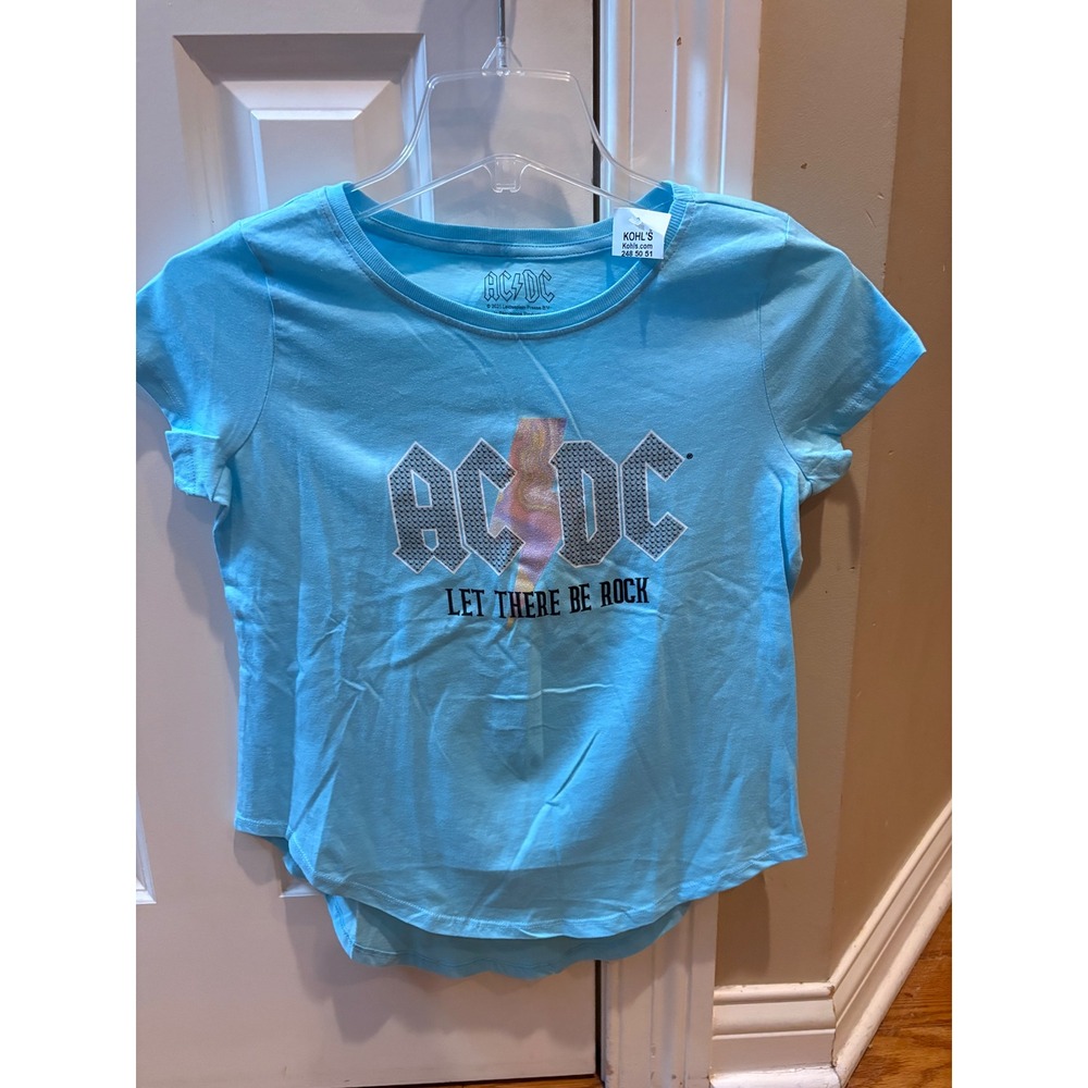 AC/DC Girls Let There Be Rock Blue Graphic Tee XL 14/16 High Low Hem NWT